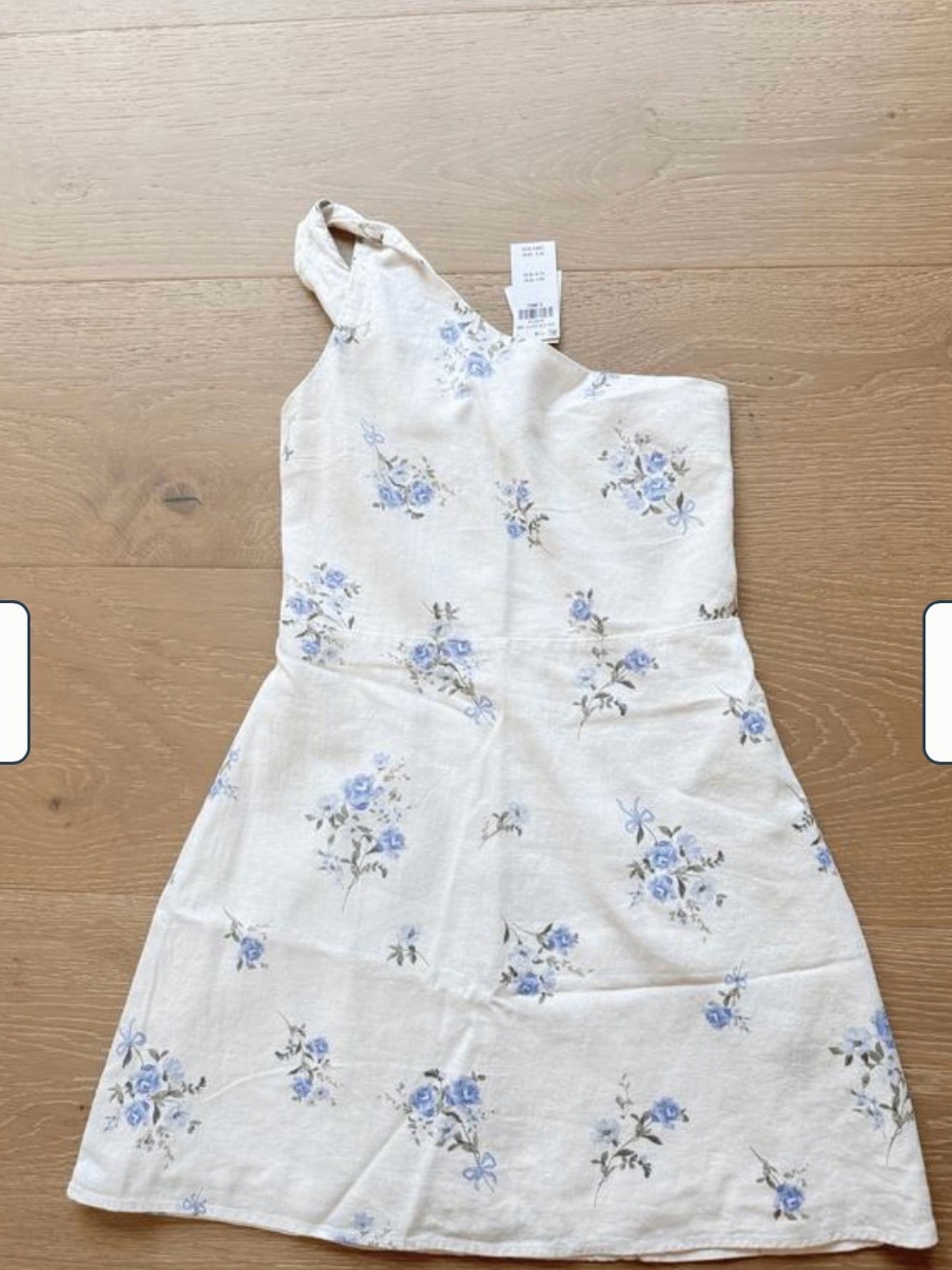 Linen-Blend Asymmetrical Mini Dress with Blue Floral Print